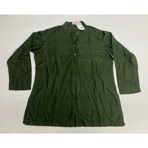 NEW Women Fabindia 3/4 sleeve silk olive green 1/4 button kurta tunic top XL